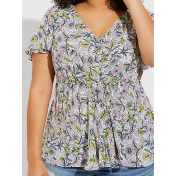 Torrid Blouse Women's 1/1X Multicolor Floral V-Neck Surplice Twist Short Sleeve - Picture 1 of 12
